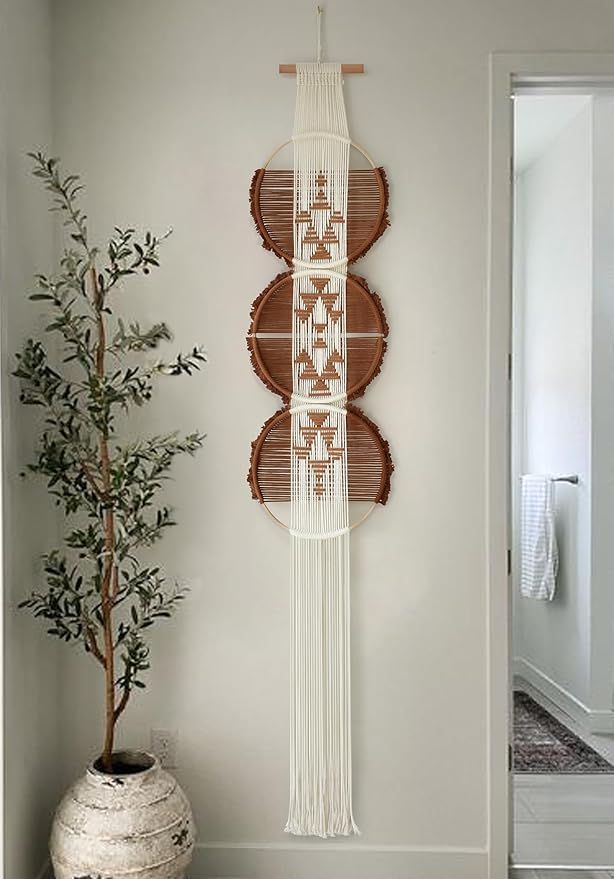 Flber Macrame Wall Hanging Brown and white Boho Wall Decor Art Living room wall art Round Handmade Geometric Lines Home Décor 11.8W x 65L