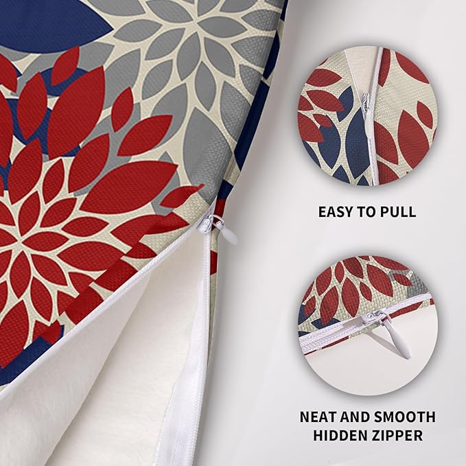 4th of July Blue Red Grey Pillow Covers 24X24 Inch Set of 2, Modern Dahlia Floral Print Decorative Throw Pillow Covers Outdoor Farmhouse Cushion Case for Home Couch Sofa Bed Decoration