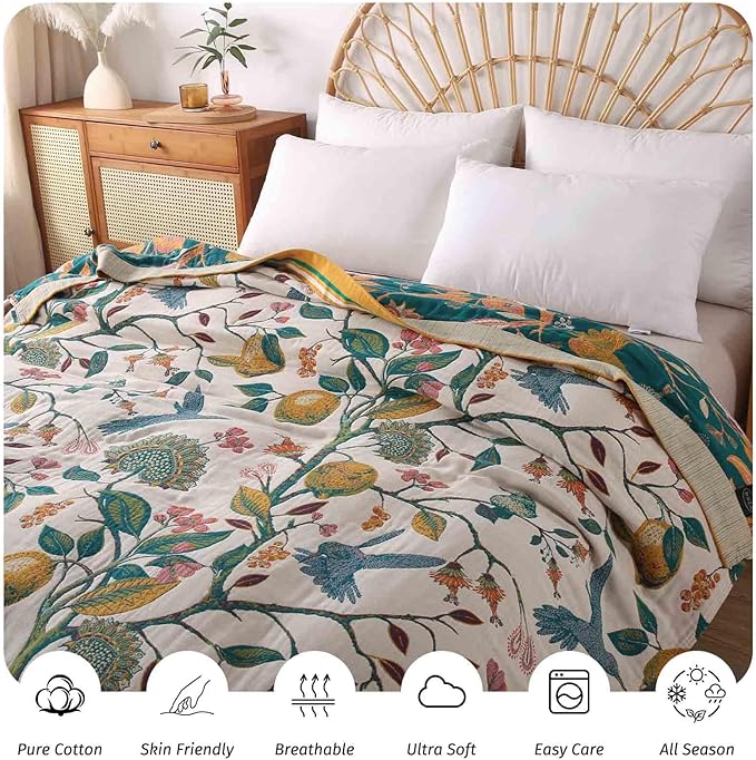 Qidordour Boho Throw Blanket, 60"x80" Muslin Blankets for Adults, 100% Organic Cotton Blanket for Couch Sofa, Lightweight Quilt, All Season Bed Throw, Farmhouse Home Decor, B-Hummingbird Fruit