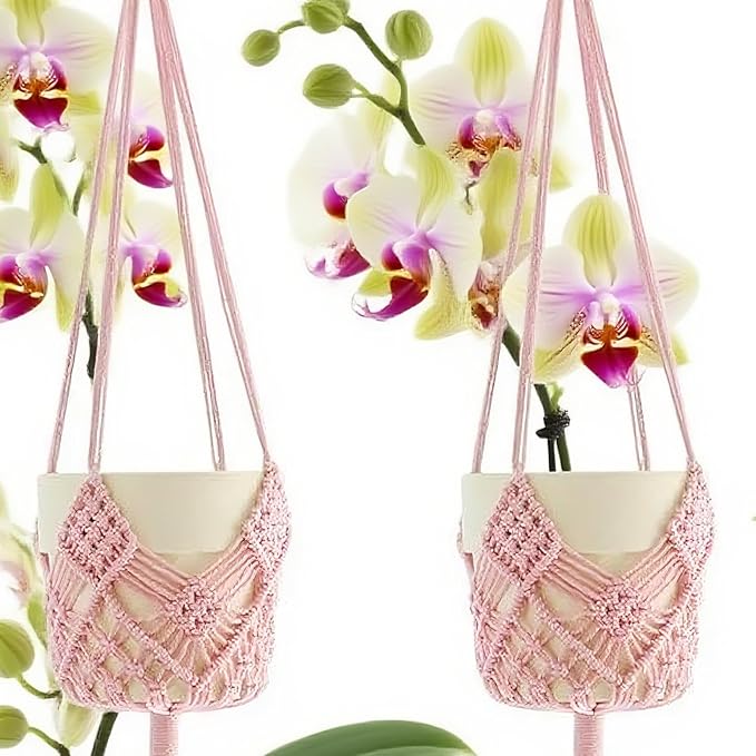 2 Pack Macrame Hanging Planters with Patterns - Stylish Plant Hangers Crochet Boho Plant Holder Hanging Plant Basket for Up to 6 Inch Pots(Pink)