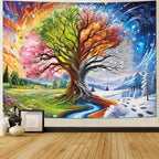 Dermijer Colorful Tree of Life Tapestry Four Seasons Trees Tapestrie Spring Flower Green Summer Autumn Leaves Winter Snowflake Magical Natural Landscape Wall Hanging for Home Decor L59.1×W51.2