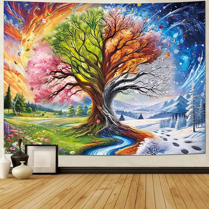 Dermijer Colorful Tree of Life Tapestry Four Seasons Trees Tapestrie Spring Flower Green Summer Autumn Leaves Winter Snowflake Magical Natural Landscape Wall Hanging for Home Decor L78.7×W59.1