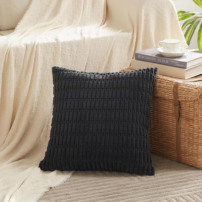 Fancy Homi 4 Packs Boho Black Decorative Throw Pillow Covers 16x16 Inch for Living Room Couch Bed Sofa, Rustic Modern Farmhouse Home Decor, Soft Plush Corduroy Cute Square Cushion Case 40x40 cm