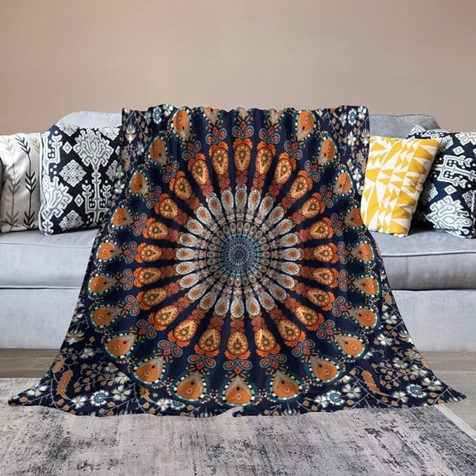 Indian Hippie Bohemian Throw Blanket Beautiful Peacock Mandala Blanket for Sofa Bed Couch Chair Or Dorm 30"x40"