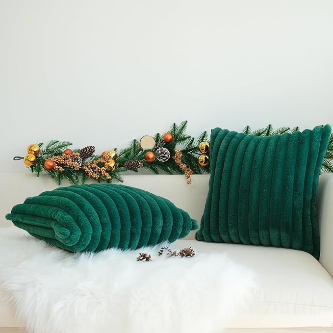 JOJUSIS Pack of 2 Faux Fur Plush Decorative Throw Pillow Covers Couch Cushion Case Soft Pillowcases (Dark Green, 22 x 22-Inch)
