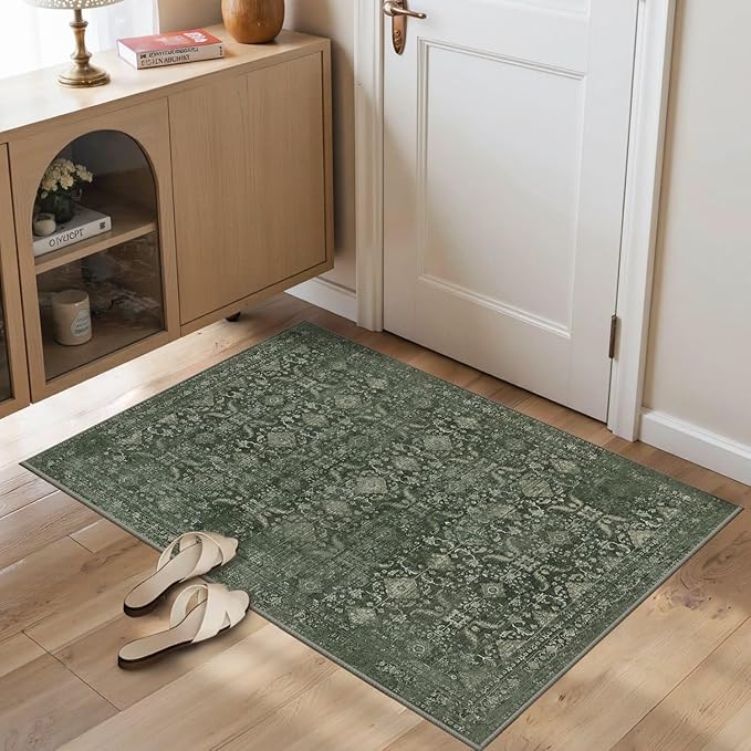 Entryway Rug Door Mat, Washable Samll 2x3 Rug, Green Boho Front Door Mat, Non Slip Area Rugs, Low Pile Throw Accent Entry Carpet for Indoor Entrance, Bathroom and Kitchen(Green 2x3ft)
