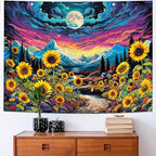 Dermijer Blacklight Moon Sunflower Tapestry Starry Night Mountian UV Reactive Wall Hanging Tapestries Galaxy Space Nature Landscape Tapestry for Home Decor 78.7L x 59.1W