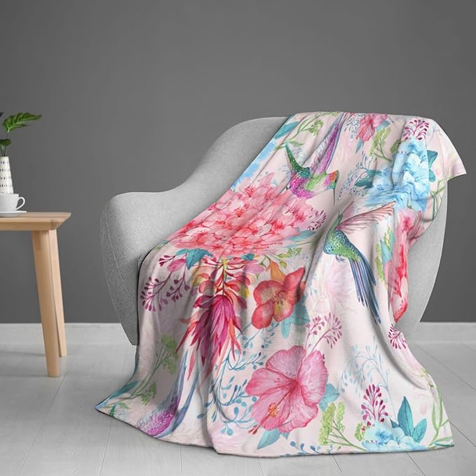 Hummingbird Floral Throw Blanket, Bird Colorful Flowers Blanket Gifts for Women Girls Mom Kids Birthday Mother's Day, Cozy Soft Warm Plush Decor Blankets for Bed Sofa Chair Couch (60"x50")