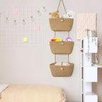 TeoKJ Over the Door Hanging Baskets with Wooden Button, 3-Tier Woven Cotton Storage Organizer Bag, Wall-Mounted with Hook Decorative Hanging Nursery Baskets, Jute