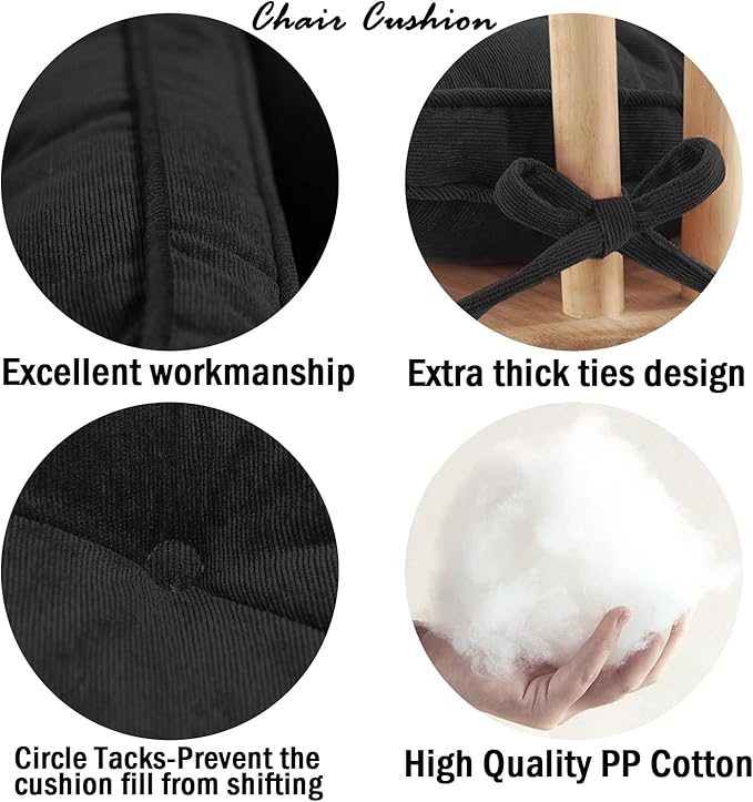 Tiita 18x18 Inch Cushions Chair Pads with Ties, Square Seat Floor Pillows Pad for Outdoor Kitchen Dining Chairs with Ties Set of 2, Black