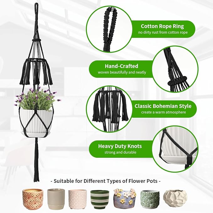 Macrame Plant Hangers 5Pack, Handmade Cotton Rope Hanging Planters for Indoor Plants w/ 5 Set Hooks Hanging Plant Holders Plant Hanger Indoor for Boho Home Decor (Black, Planter Pot Not Included)