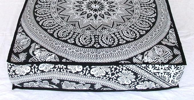 CRAFT KALA Mandala Floor Pillow Cushion Cover Seating Throw Cover Hippie Decorative Bohemian Ottoman Poufs Pom Pillow Cases Boho Indian Cotton Living Room Yoga Home Décor 24" Square Black and Elephant