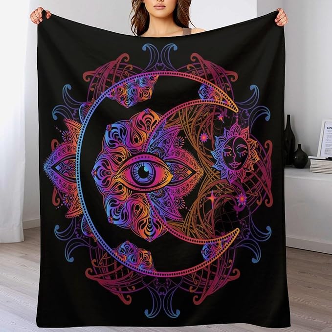 Boho Chic Throw Blanket Crescent Moon and Sun with Elements of The Mandala Pattern Blanket for Sofa Bed Couch Chair Or Dorm 60"x80"