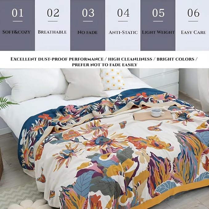 Boho Blanket for Bed 100% Cotton Bohemian Throw Blankets Ultra Soft Woven Muslin Decorative Blankets All Seasons Vintage Quilt Knitted Blanket for Sofa Chair(Yellow, 60"x80")