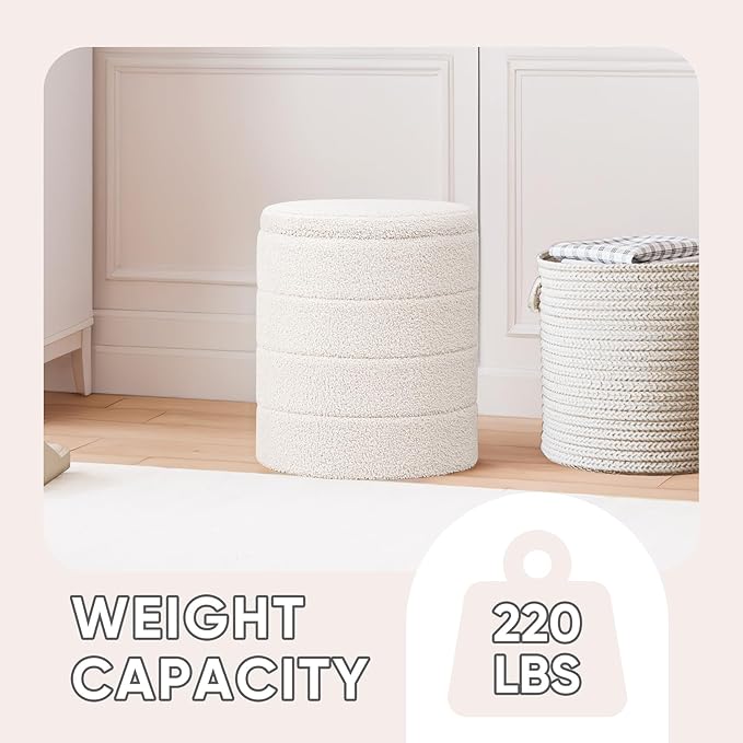 PINPLUS Round Storage Ottoman Foot Rest Stool with Tray Velvet Sherpa Folding Storage Ottoman,Boucle Foot Rest for Living Room, Bedroom, Dorm（White）