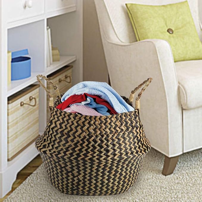 1Pc Woven Seagrass Belly Basket for Storage, Laundry, Picnic, Plant Pot Cover, and Grocery and Toy Storage (Black (Wavy Pattern))
