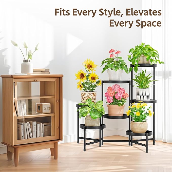 LASZOLA 7 Tier Large Plant Stand Indoor Tall with 10 Inch Metal Tray, Corner Folding Flower Display Rack, Modern Plant Holder Shelf for Outdoor Patio Porch Garden Office Living Room, Black