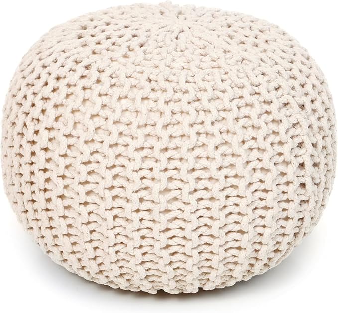 · REDEARTH · Round Pouf Ottoman - Cable Knitted Boho Poof - Home Décor Cord Pouffe Handmade Circular Footrest for Living Room - Bedroom - Kids Bedroom - 100% Cotton Pouf (19.5"x19.5"x14") - Natural