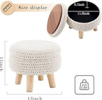 Round Storage Ottoman Foot Rest Cotton Braided Foot Stool Pouf Ottoman with Solid Wood Legs Footstool with Storage Shoe Changing Stool for Living Room White