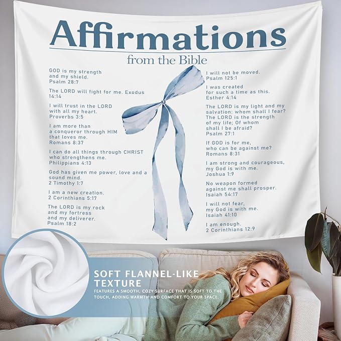 LIANGW Preppy Blue Bow Christian Tapestry, Bible Bow Aesthetic for Girls Bedroom for Dorm Room，Inspirational Christian Tapestries for Women, Faith - Based Blue Room Decor Aesthetic 50x60 inch
