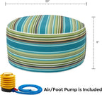 Outdoor/Indoor Inflatable Ottoman Pouf D20 xH9, All Weather Round Footstool with Foot Pump, Water Repellent Portable Footrest with Handle for Patio Garden Camping Travel-Green Stripe