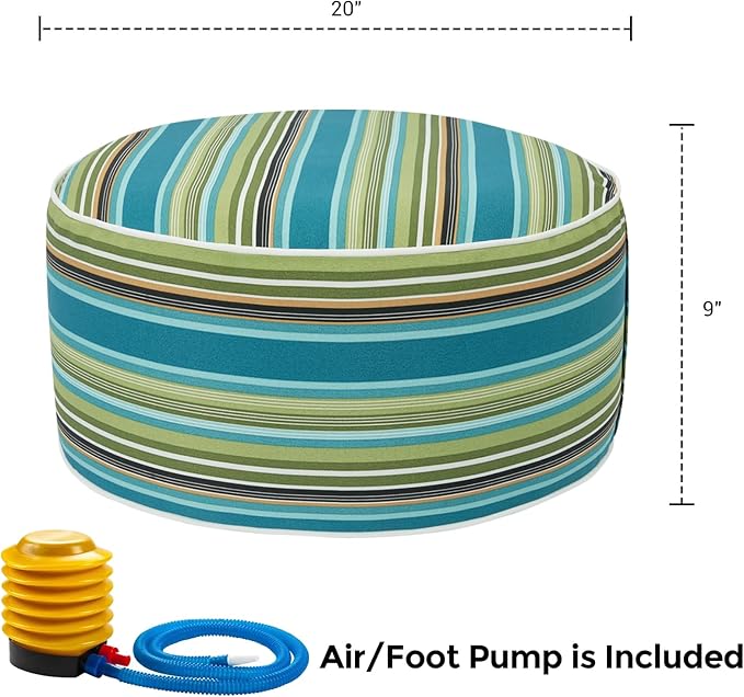Outdoor/Indoor Inflatable Ottoman Pouf D20 xH9, All Weather Round Footstool with Foot Pump, Water Repellent Portable Footrest with Handle for Patio Garden Camping Travel-Green Stripe