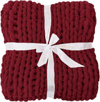 Bigacogo Chunky Knit Throw Blanket for Couch, 40x40 inches, 100% Hand Knitted with Thick Jumbo Chenille Yarn, Cozy Soft Large Rope Knot Cable Crochet Blankets for Sofa Bed Living Room, Red