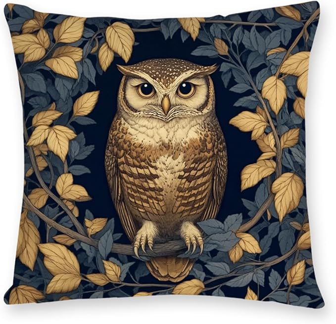 YOU FOUND ME William Morris Abstract Vintage Floral Velvet Owl Design Throw Pillow Covers Home Decor, Retro Art Decor Pillowcase Cushion Cover for Bed Sofa Living Room, Square 18x18inch (Owl)