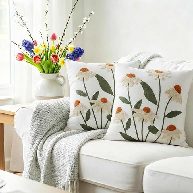 Breling 2 Pack Spring Embroidered Floral Pillow Covers 18x18 Inch Daisy Decor Decorative Velvet Boho Pillow Cases Embroidered Tufted Couch Pillows Covers for Living Room Sofa Bed Spring Decor