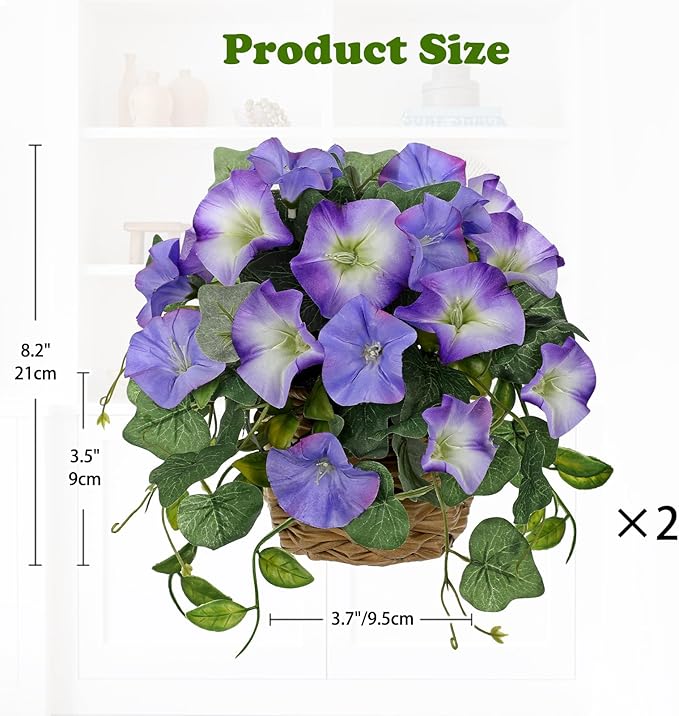 Briful 2 Pack Fake Morning Glory with Handwoven Basket - 8.2" Faux Potted Flowers Silk Floral Table Centerpiece for Home Office Room Shelf Desk Decor