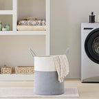 VIPOSCO Large Laundry Hamper, Tall Woven Rope Storage Basket for Blanket, Toys, Dirty Clothes in Living Room, Bathroom, Bedroom - 53L Grey & White