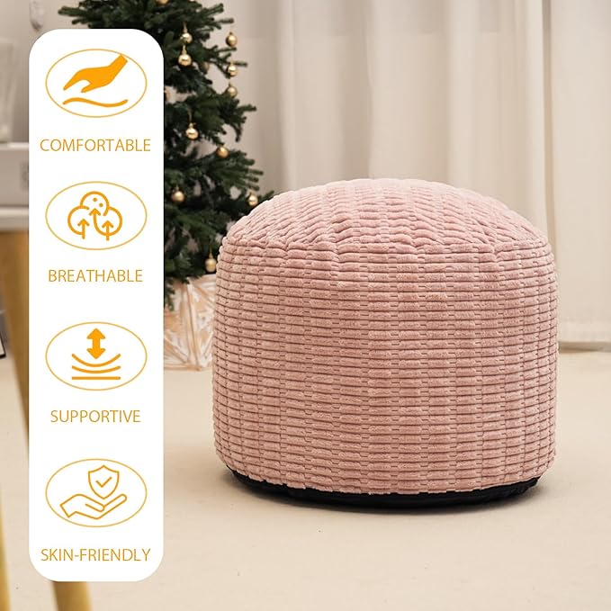 Round Stuffed Pouf Ottoman for Foot Rest, Storage Ottoman Pouf Foot Stool Cushion, Faux Fur Poufs with Foam Chunk Filling, 20 X 15 Inch Floor Chair for Living Room Bedroom Home Decor, Pink