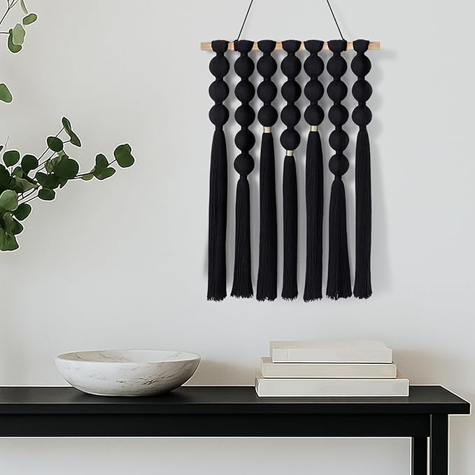 STRONA Handmade Macrame Wall Hanging – 16"W x 23"L Boho Tapestry with Gold Detail, Black Cotton Macrame Wall Art, Organic Modern Decor for Bedroom, Living Room, Entryway, Artisan Handcrafted in India
