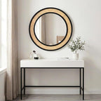 Round Rattan Mirror, 24" Circle Wall Mirror, Farmhouse Wooden Vanity Mirror with Handmade Wicker Frame, Decorative Boho Mirror for Nursery Bedroom Living Room Entryway Black
