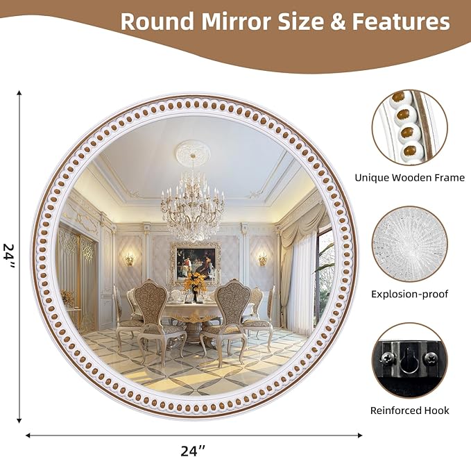 24 Inch Rustic Round Wall Mirror, Farmhouse Wooden Circle Bathroom Vanity Mirror for Entryway, Living Room, Bedroom & Hallway Home Decor