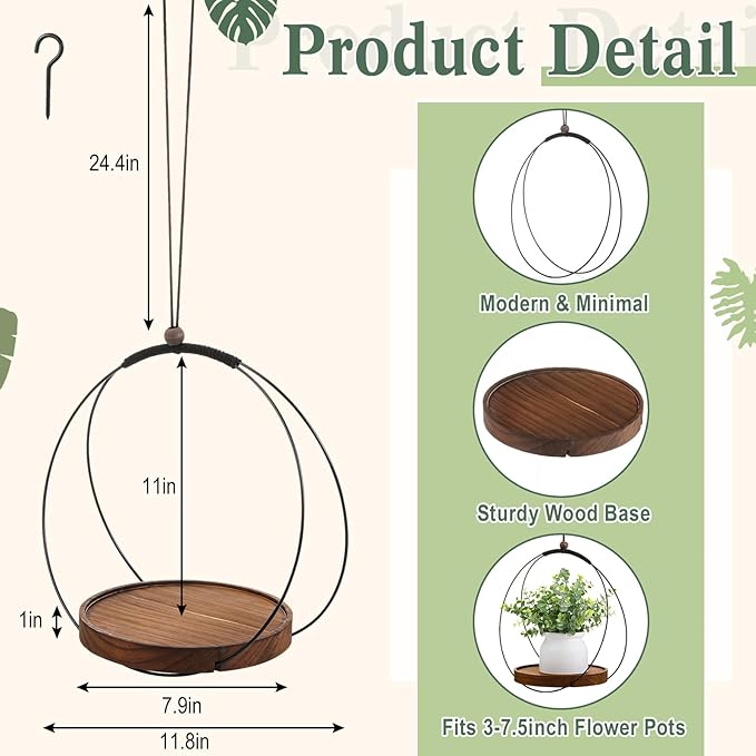 1 Pack Hanging Planters for Indoor Black Plant Hanger with Round Wood Base Large Indoor Hanging Plant Shelf Boho Holder Gift for Mom,housewarming (7.9 '',Round)