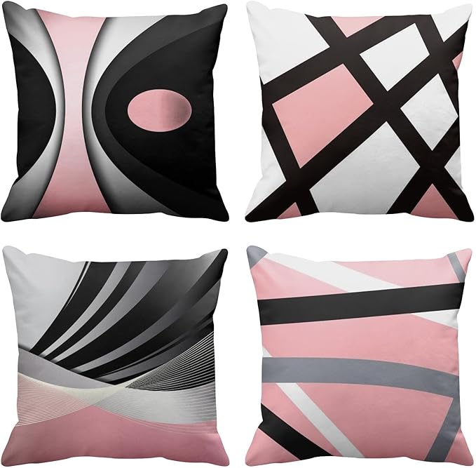 Emvency Set of 4 Soft Pink Throw Pillow Covers Modern Abstract Black Grey Stripes Gray White Acrylic Bold Decorative Pillow Cases Home Decor Square 18x18 Inches Pillowcases