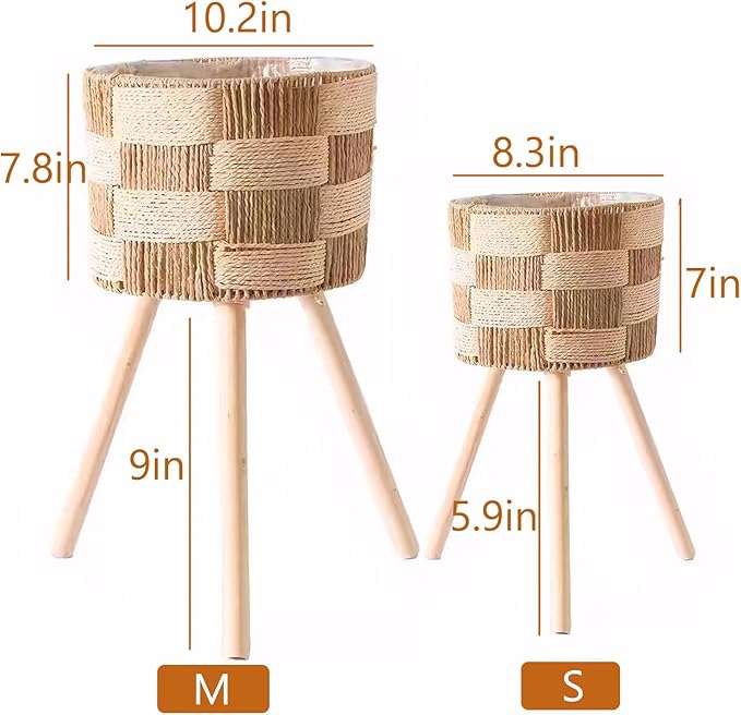 Boho Rattan Plant Stand Set of 2 – Handwoven Wicker Mid-Century Modern Floor Planter Stand for Indoor Plants, Large Farmhouse Decor, Sturdy Wood & Rope Design, Housewarming Gift