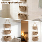 3 Tier Woven Natural Jute Macrame Wall Hanging Basket, Handmade Boho Bohemian Rustic Charm Decorative Style for Fruits, Vegetables, Plants, Kitchen & Home Decoration