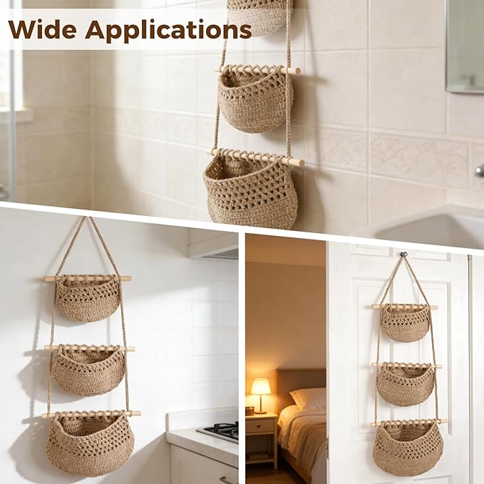 3 Tier Woven Natural Jute Macrame Wall Hanging Basket, Handmade Boho Bohemian Rustic Charm Decorative Style for Fruits, Vegetables, Plants, Kitchen & Home Decoration