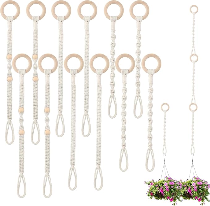 Windyun 12 Pack Adjustable Macrame Plant Hanger Extenders Connectable Rope Hanging Plant Extender Handmade Woven Hanging Basket Extension with Wooden Ring for Indoor Outdoor Pot Holder