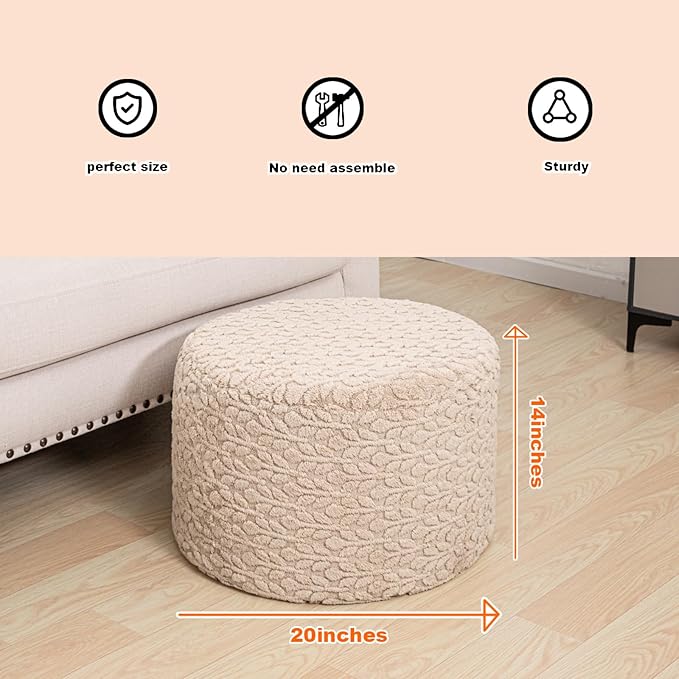 Round Pouf Ottoman 20 x 20 x 14 Inches Boho Poof Home Decor Floor Pouffe Ottoman Foot Rest for Couch Sofa Bean Bag Chairs Living Room Bedroom (Light Coffee)