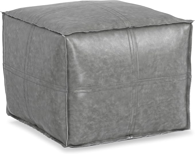 SIMPLIHOME Brody Square Pouf - 18 inch Wide Upholstered Vegan Leather Ottoman in Distressed Grey, Boho Footstool, Coffee Table or Extra Seating for Living Room or Bedroom, Assembled
