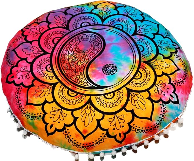 CRAFT KALA 22" Mandala Meditation Floor Pillows Cover Pouf Cover Round Seating Bohemian Mandala Cotton Floor Cushion Cover Outdoor Fireplace Seating Living Room Yoga Room Home Décor (Multi Yin Yang)