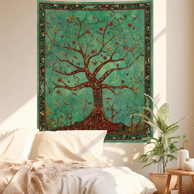 Apdidl Green Tree of Life Tapestry for Bedroom, Nature Tree Wall Hanging Aesthetic, Bohemian Hippie Tapestries Wall Art, Tree Decor Blanket Backdrop for Living Room (36"X48")