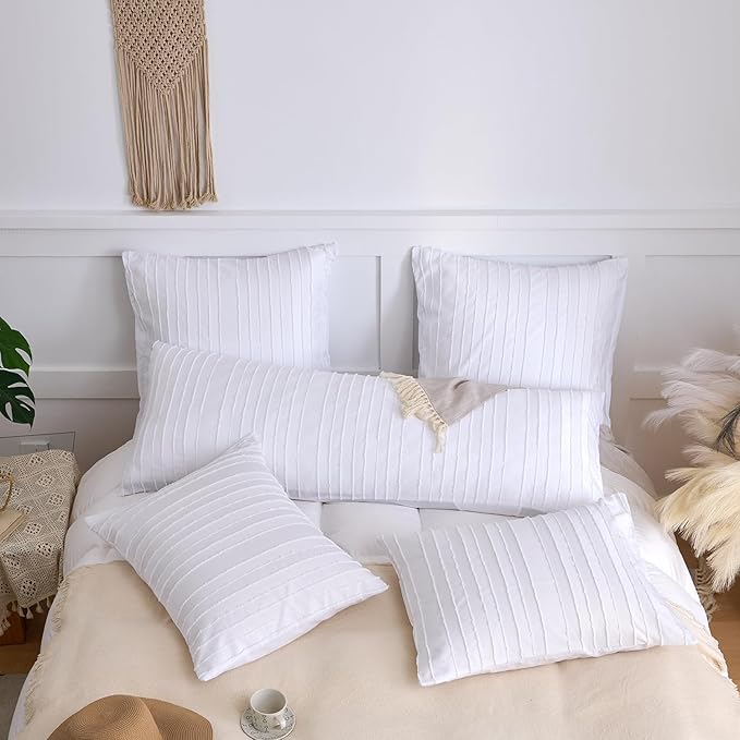 King Pillow Shams 2 Pack, King Size Pillowcases, Soft Microfiber Geometric Striped Tufted Pillow Covers with Envelope Closure, White, 20x36 Inches (No Insert)