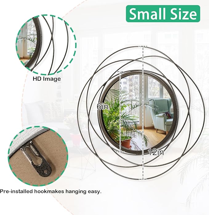 Mirrors Wall Decor Iron Frame Round Art Wall Mirrors Home Decoration Hanging Mirrors for Living Room Bedroom Bathroom Entryway 12” x 12”