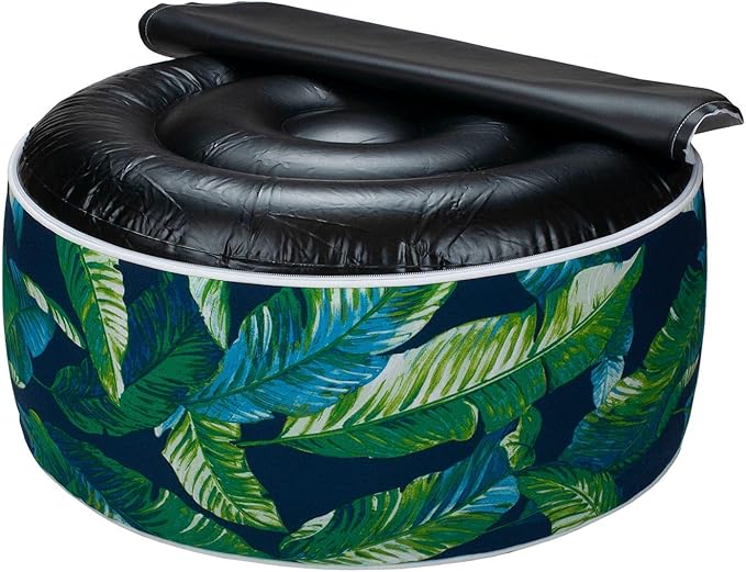 Magpie Fabrics Inflatable Stool Ottoman Pouf D20 xH9, Outdoor Round Footrest Footstool with Foot Pump, Portable for Patio Travel Camping - Green Lagoon Leaves