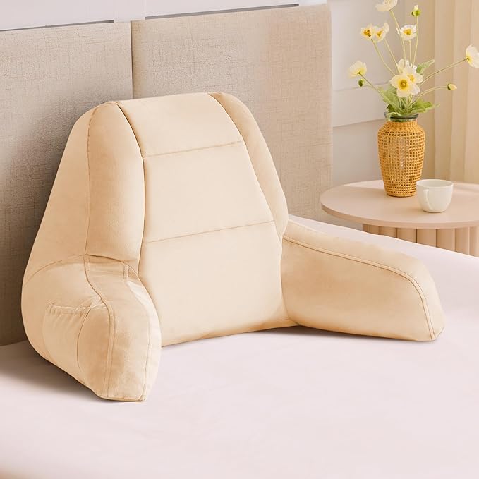 Reading Pillows for Sitting in Bed Adult, Back Pillow for Bed Sitting Up, Backrest Pillows with Shredded Foam for Adult&Teens, Support Pillow with Arms for Beds, Couch, Floor, 18in, Beige