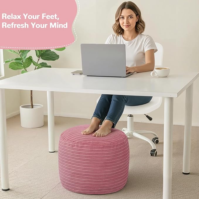 MeMoreCool Stuffed Round Pouf Ottoman Foot Rest, Soft Plush Floor Pouf Foot Stool, Corduray Footstool Footrest, Small Round Ottoman for Living Room Couch Sofa Chair, 20x15 Inch Pink
